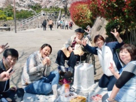 満開の桜が咲く公園で、お弁当を囲み花見を行うスタッフと入居者様