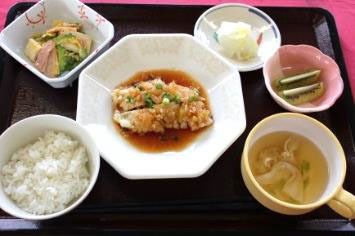 ごはんとスープ、みぞれ煮やゴーヤチャンプル、キウイフルーツのデザートが付いたメニュー