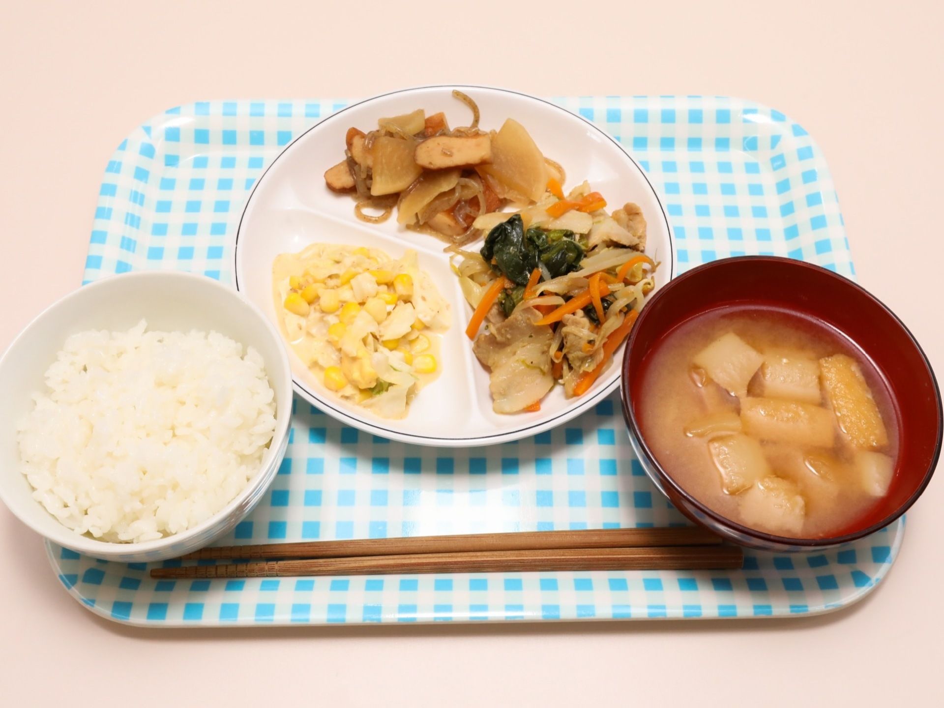 当施設で提供している食事の一例である。ご飯とみそ汁、彩り豊かな３品のおかずが盛りつけられている。栄養バランスを考えたメニューとなっている。