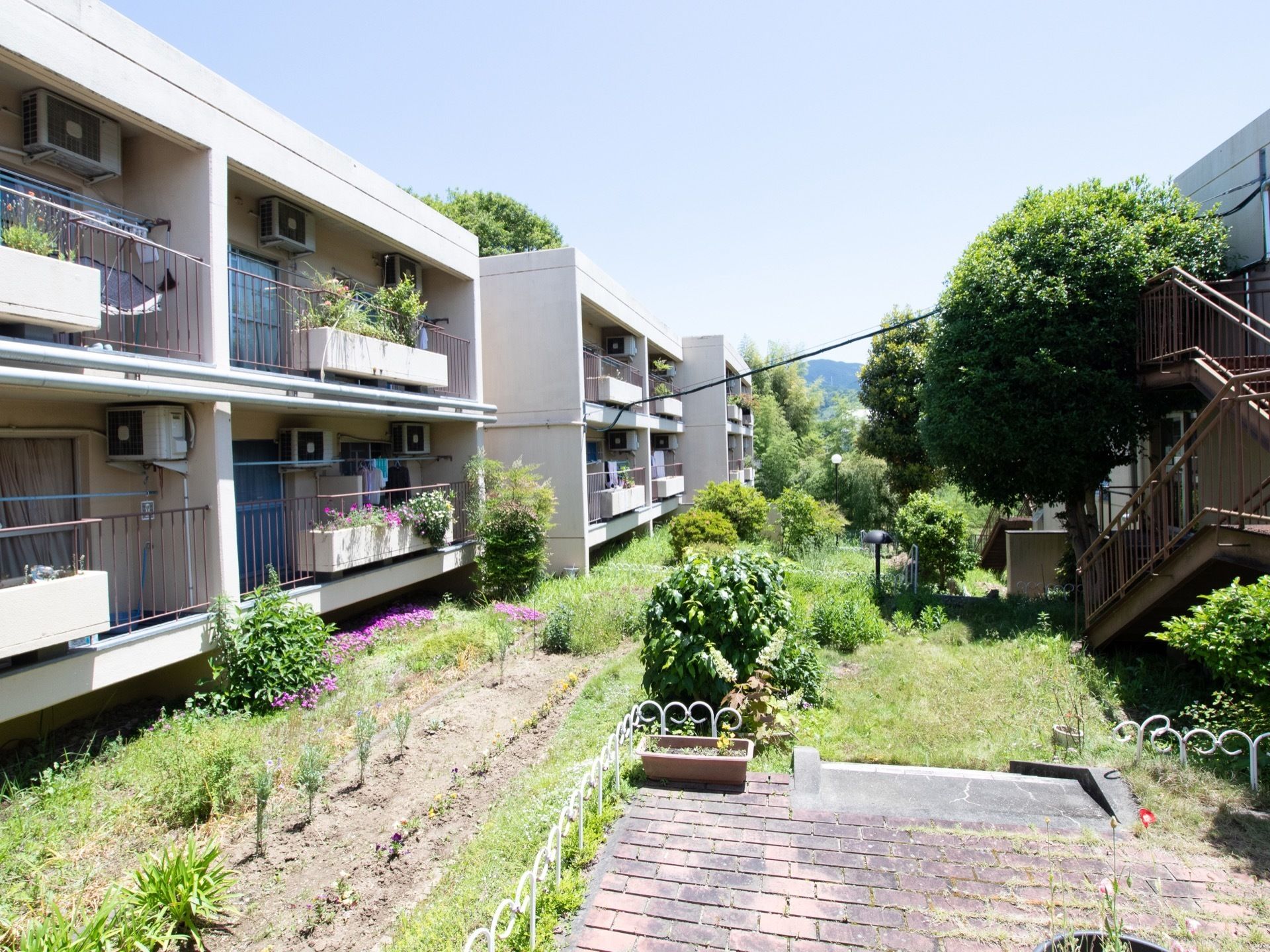 白い外壁の建物で、各部屋のベランダに花壇が設けられており、植物や色とりどりの花などが植えられている。