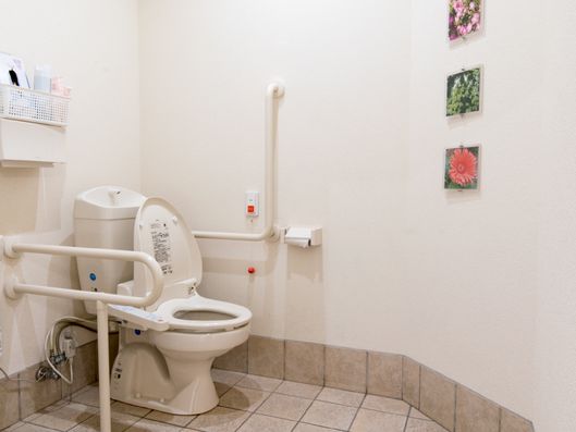 花の写真も飾られているトイレルーム