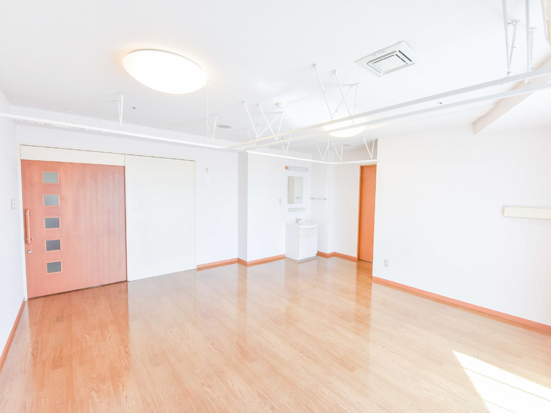 木目調の幅広の扉がある。壁は白く、床は木目調である。天井からカーテンレールがぶら下がっている。洗面スペースがあり鏡、タオル掛けがある。