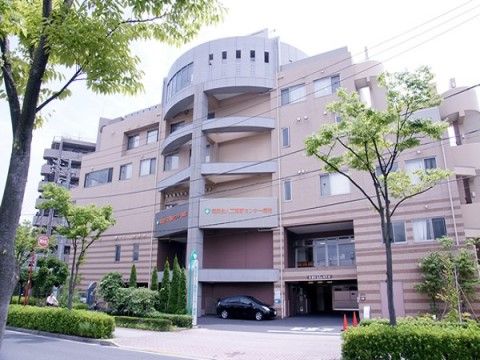 大きなデパートのような病院の外観。茶色の落ち着いた外壁。
