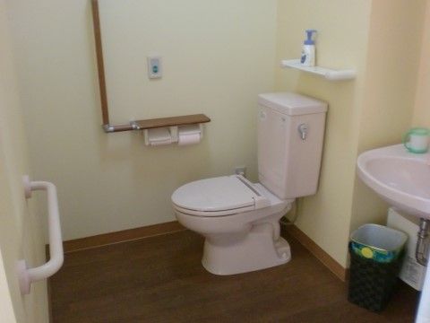 個室内に洗面所もある。トイレのタンクの上に、棚がありハンドソープを置いている。緑のボタンを押すと、外部に異常を知らせる。