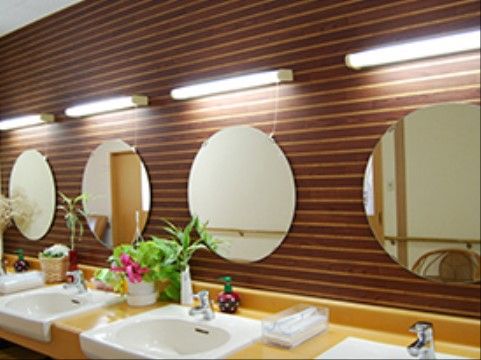 洗面台はゆったりとした広さがあり、茶色い壁に丸い鏡が取りつけられている。台の上には、植物が飾られている。