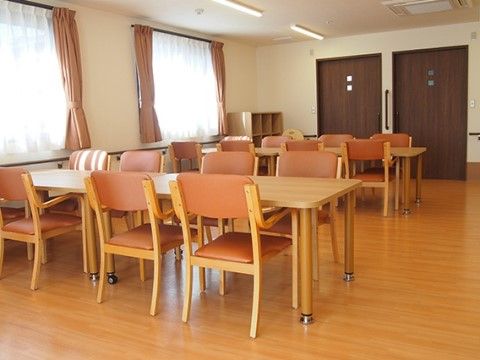 リビングには大きな窓があり、レースのカーテンがかけられている。壁には手すりが取り付けられているので、安全に移動できる。