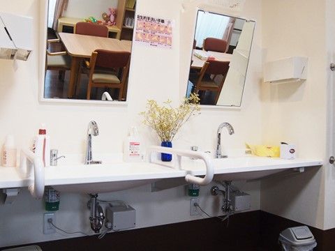白色系の壁に設けられた鏡には角度が付いている。洗面台には手すりが設けられ、フットレス設計になっている。