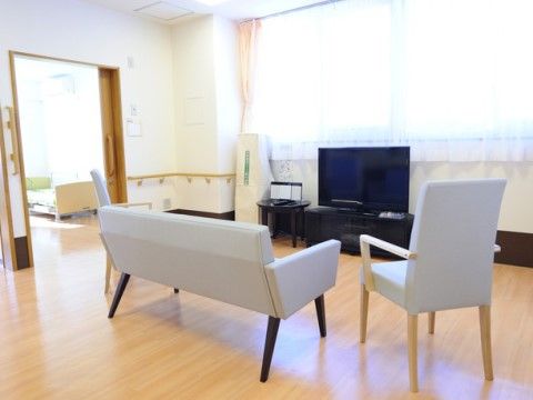 室内には大きな窓があり、フローリングの床の上には大型テレビ、手すり付きの椅子、ソファが置かれている。