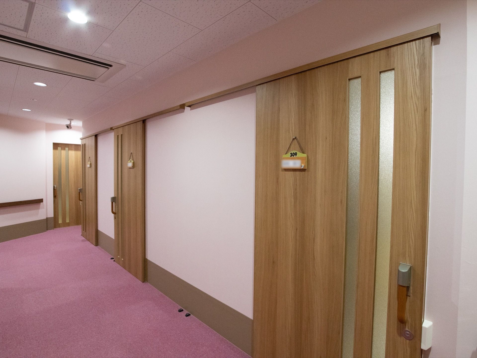 廊下の床はピンク色のカーペットになっている。各居室ドアは木製になっていて、レールは上側に取りつけられている。