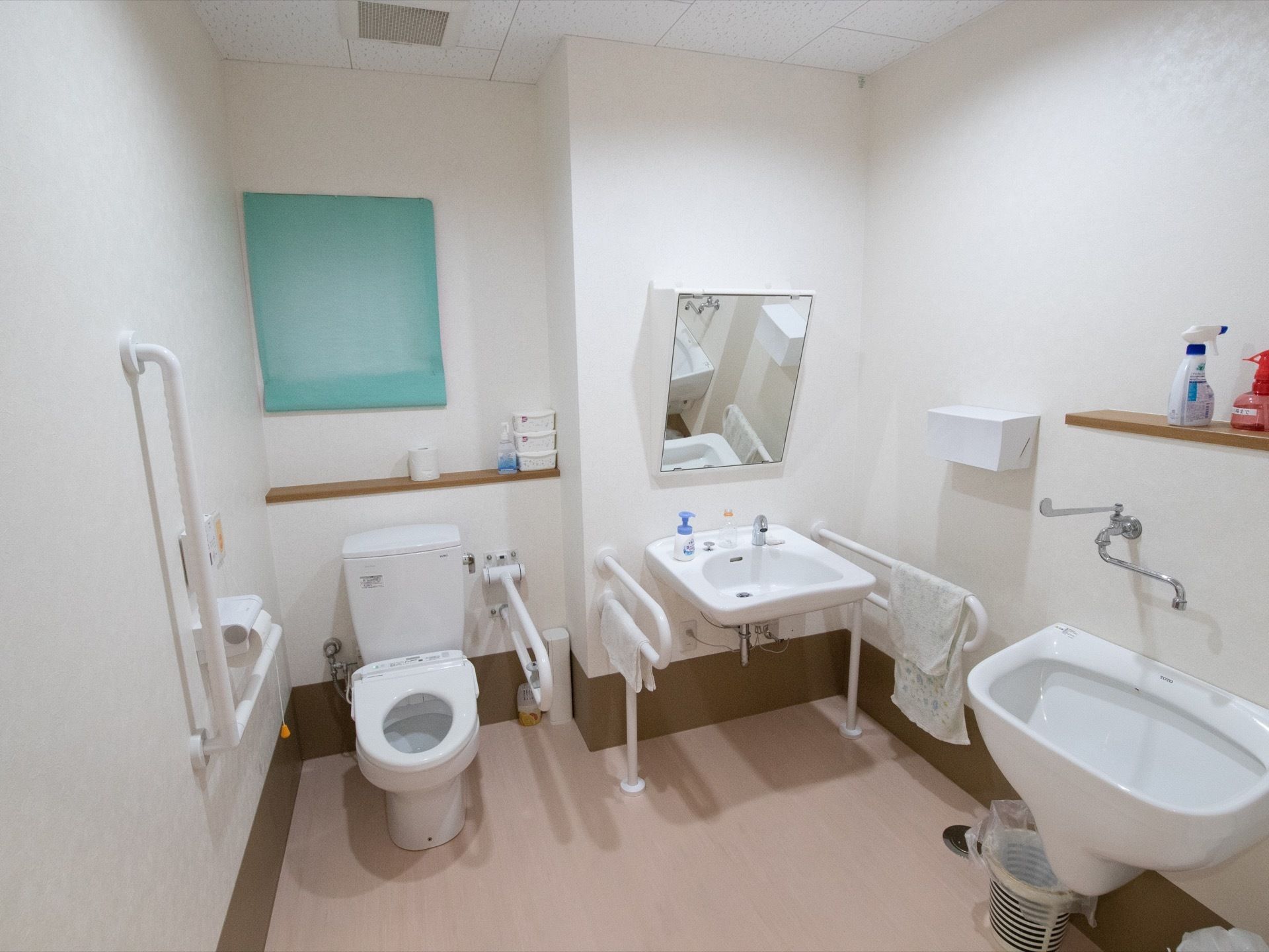 共用のトイレ。室内全体の広さやレイアウト、やや下を向いて設置された鏡など、車椅子に対応した造りになっている。