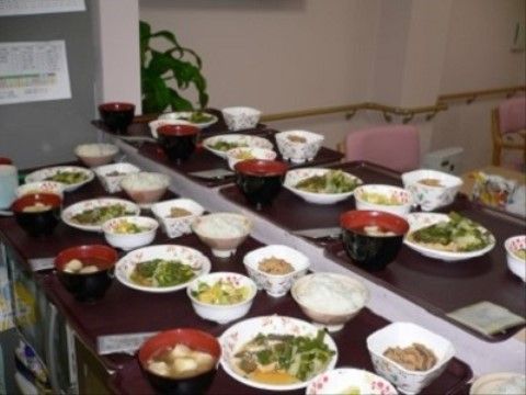 栄養バランスが考えられた、トレーに乗せて提供されている食事