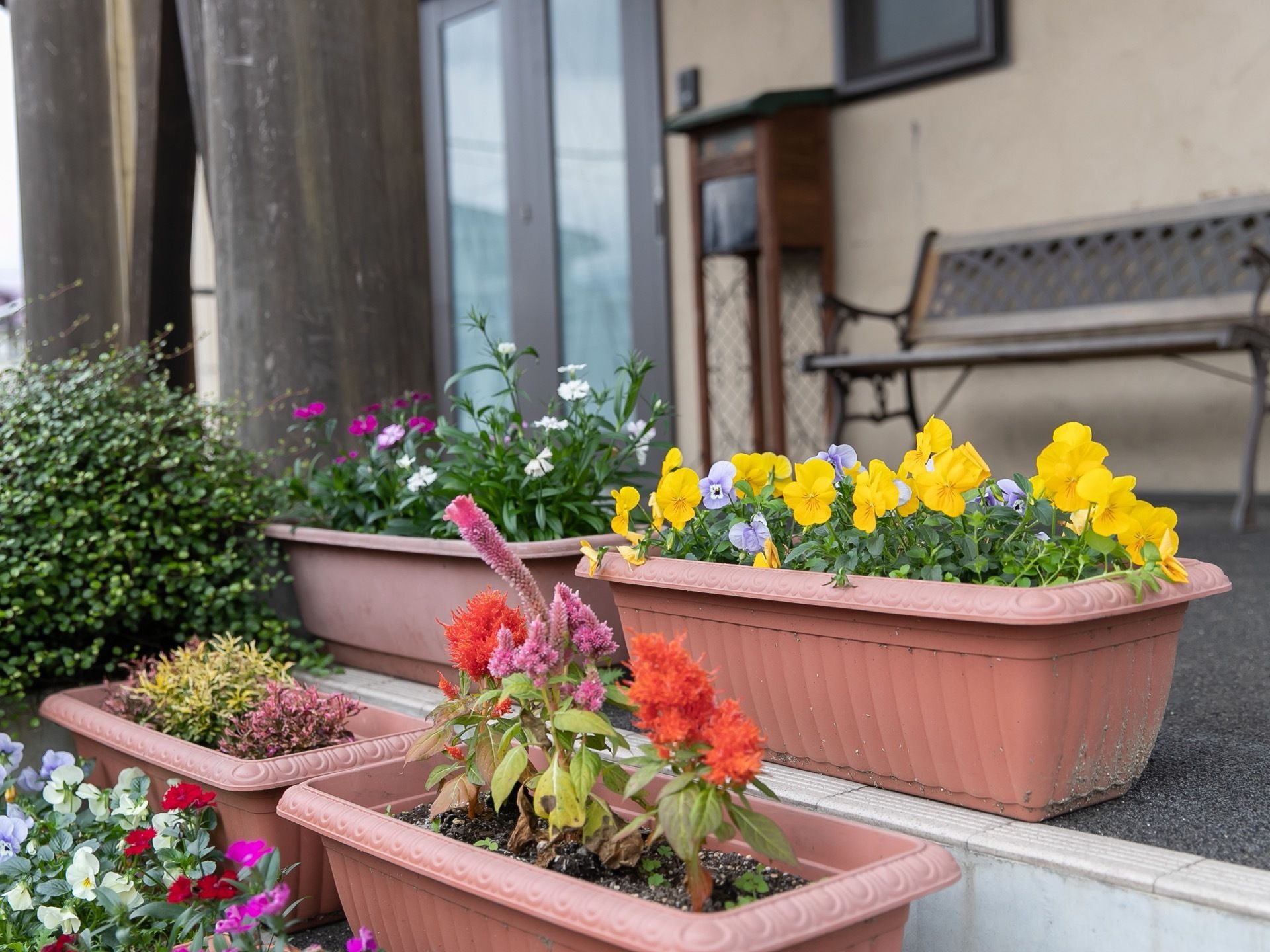 エントランス前には、四季折々の花を植えたプランターやベンチ、郵便ポストがある。手入れが行き届ききれいである。