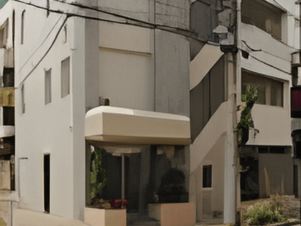 マンションタイプの縦長の建物。エントランスを出るとすぐ歩道なので、安全のため入口は奥まった造りになっている。