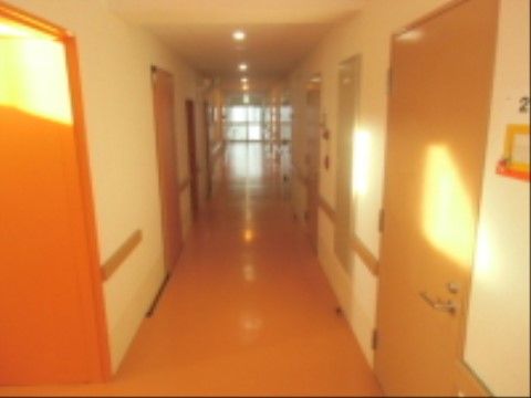 両側の壁に手すりが設置されている。車椅子をご利用の方も通りやすい幅が確保されている。夕日が差し込んでいる。