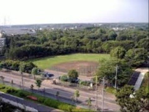 道路沿いには、生い茂る木々に囲まれた公園のグラウンドが見える。入居者様は緑豊かな広い公園で、散策や休息を取ることができる。