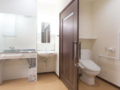 トイレにはダークブラウンの扉が付いている。持ちやすい取っ手の引き戸なので、立ち止まったまま、少し押すだけで開く。