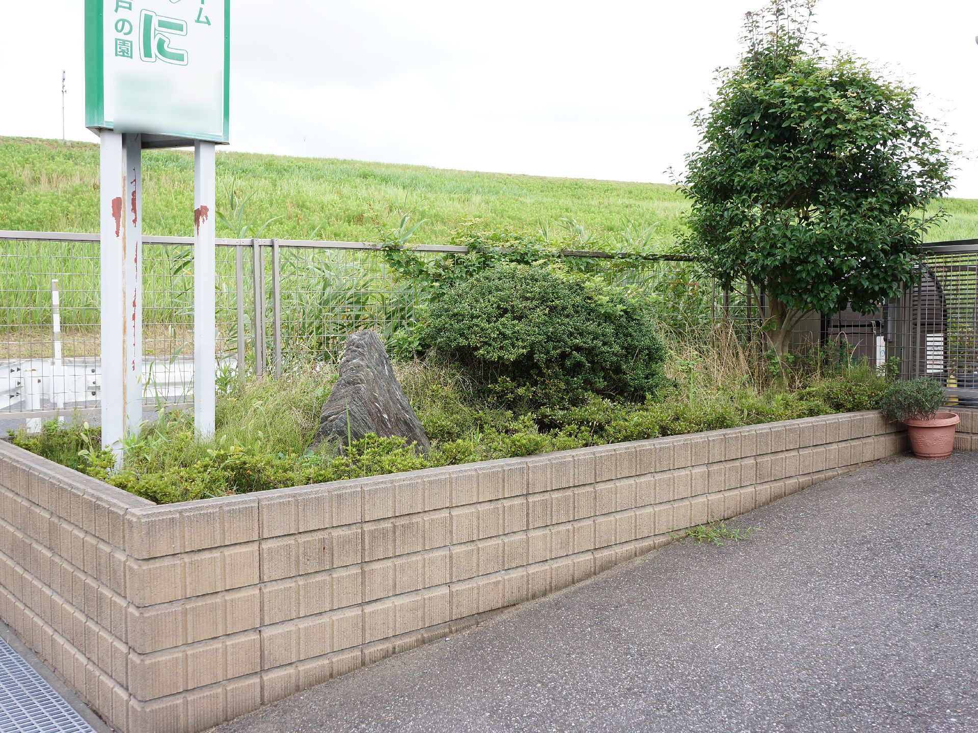 玄関前の花壇には、草木が生えており、当施設の看板と石が設置されている。右側には植木鉢があり、植物が育っている。