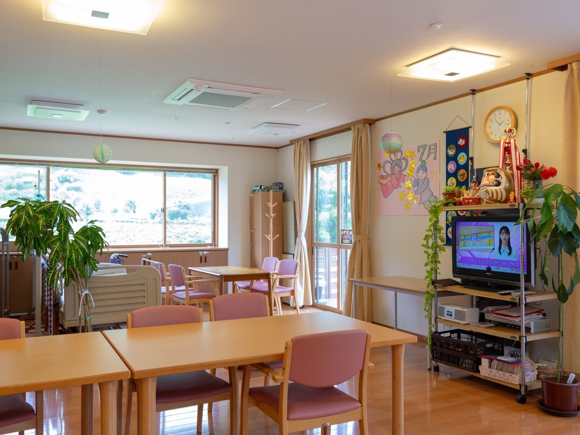 広々としたスペースにダイニングテーブルやテレビなどが配置されている。各所にある観葉植物の緑が目に鮮やかで、親しみやすい雰囲気となっている。