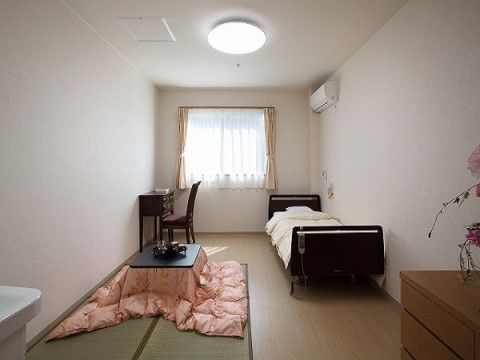 1人用の居室は、手前右に畳が敷いてあり、こたつセットがある。奥には電動ベッドと小さなデスクセットが置かれている。
