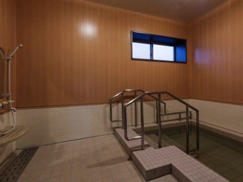 浴槽の階段に、体を支えながら出入りすることができる手すりが設置された浴室