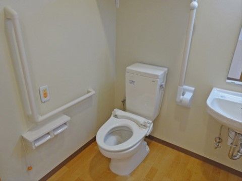 転倒防止用の手すりがついたトイレは、スペースも広くとっているので、立ち座り動作がしやすい。安心に使用できる。