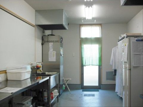 掃除が行き届き、きれいに片づけられている。勝手口のドアにはガラスが付いていて、のれんが掛けられている。