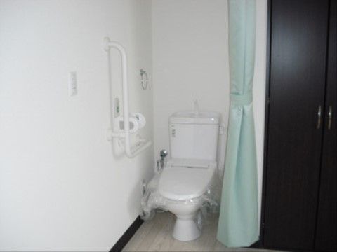 扉はなくカーテンで仕切っている。温水洗浄式便座の横にはタオル掛け、Ｌ字の手すり、非常用ブザーがある。