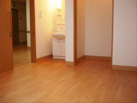 居室の扉を開けるとすぐの場所に洗面台が設置されている。洗面台は照明があるので明るい。鏡、収納スペースもある。