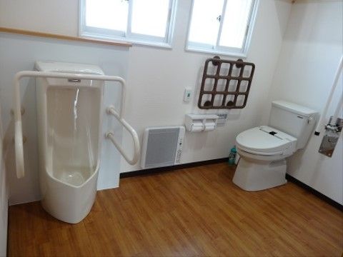 広くて明るいトイレ。男性用便器と便座が置かれている。壁には手すりの他、非常用ブザーと壁掛け型の暖房器具がある。