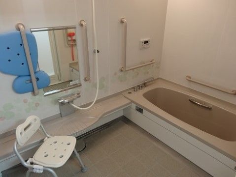 シャワー台には両側に縦型の手すりがある。前にはシャワーチェアが置かれている。浴槽は足が伸ばせる大きさで手すりが付いている。