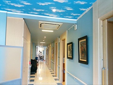 居室が立ち並ぶポップな雰囲気の廊下。壁には黒いフレームに入れられた絵や、手すりが取り付けられている。