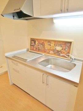 蛍光灯と換気扇が取り付けられたキッチンである。シンクの横にIHコンロが設置されており、下には収納スペースが用意されている。