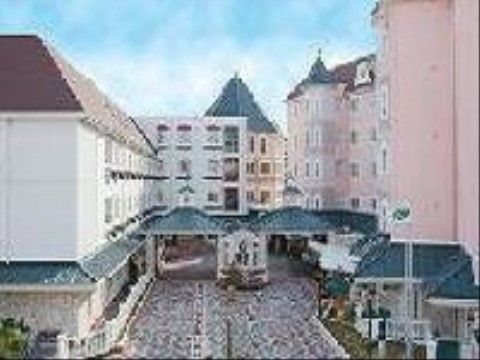 ヨーロッパのお城のような構造で、ピンク色を基調とした５階建ての外観