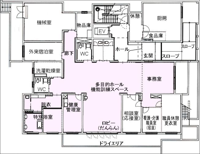 ケアメゾン山鼻1号館の1階のフロアマップ