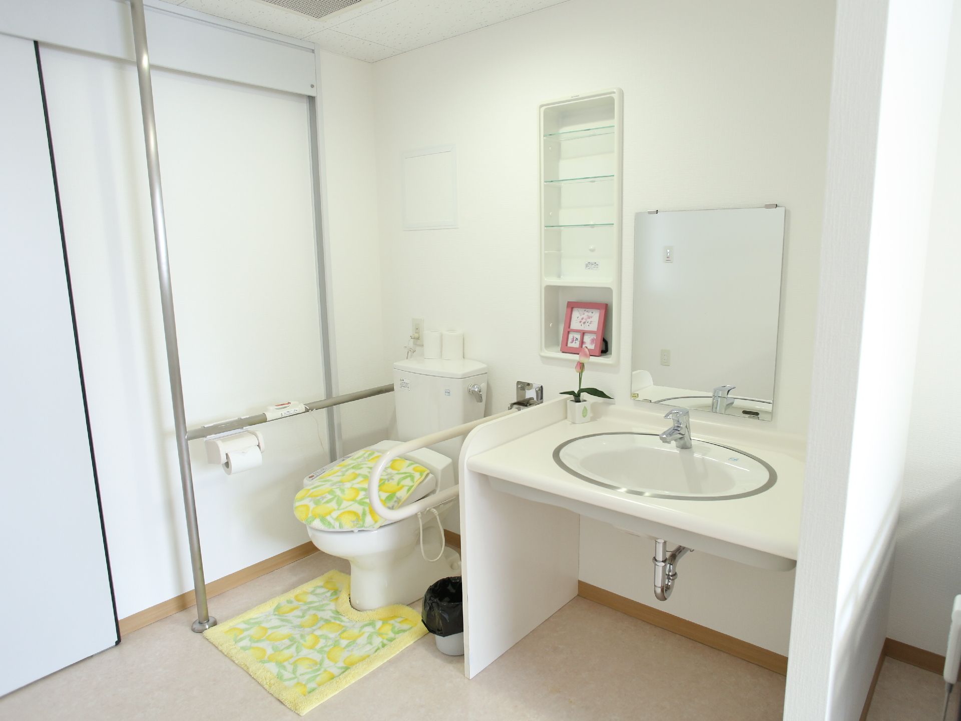 部屋を入ってすぐ左手にトイレと洗面台が配置されている。白で統一されおり、清潔感がある。手すりが設置されている。