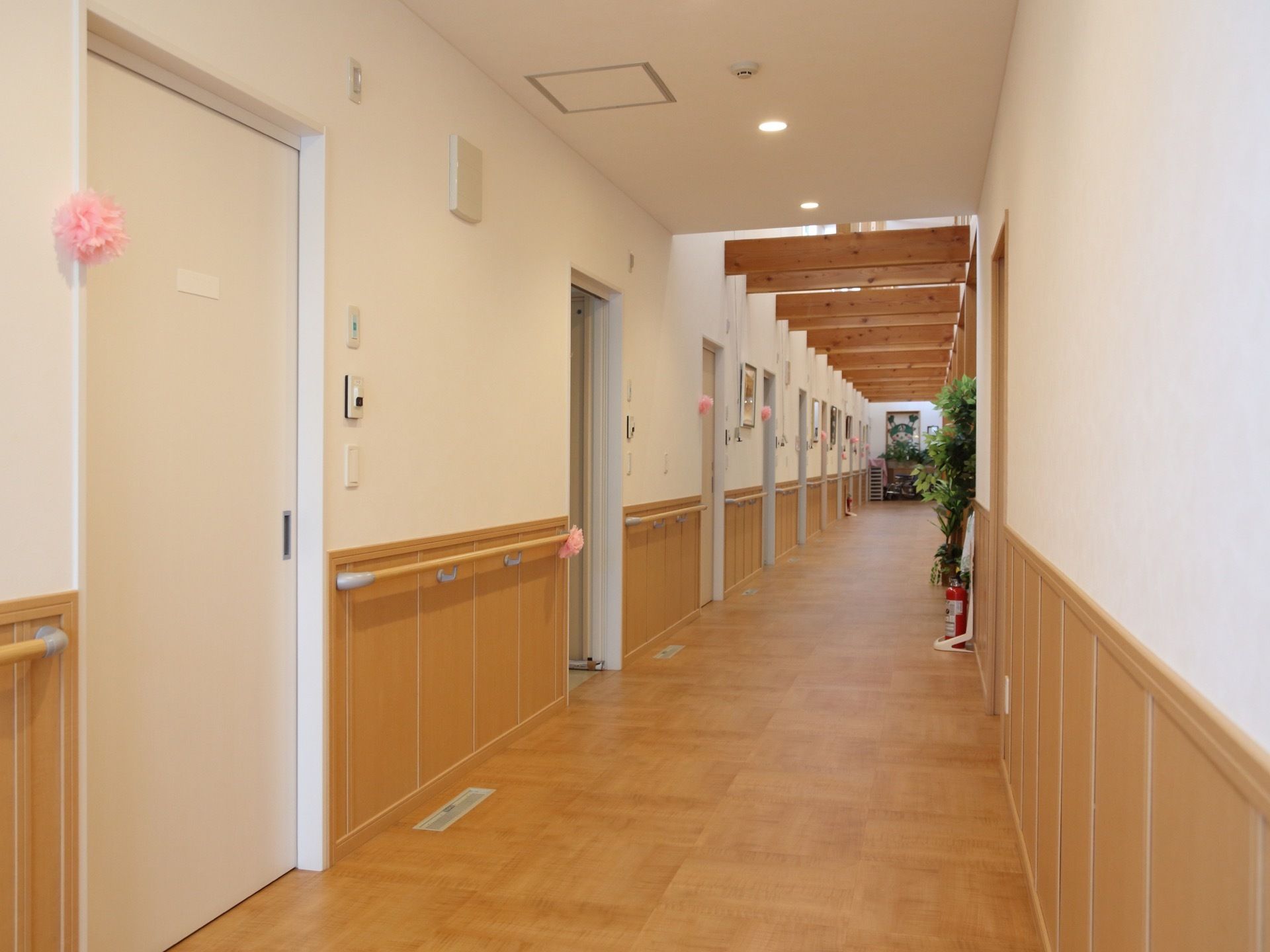 奥行きのある廊下には、左側には入居者様用の居室が並んでいる。中央には、観葉植物と消火器も置かれている。
