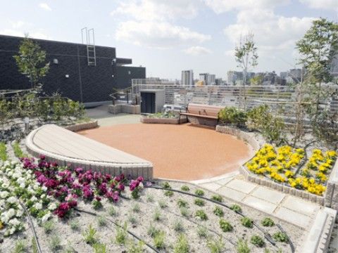 「グランフォレスト神戸六甲」の屋上テラス。パンジー、コスモス等の花を植えている。