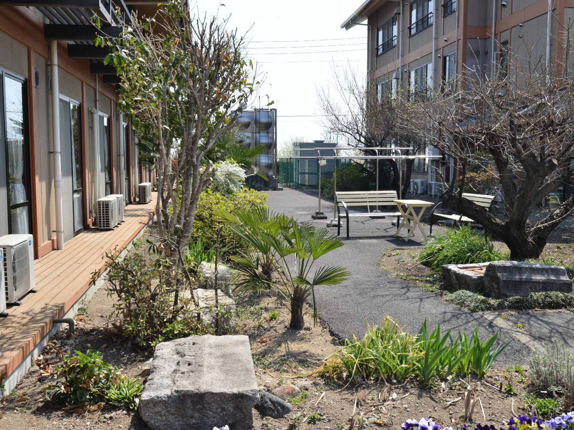 建物の間にある広々としたガーデン。木が植えら、リラックスできる空間。散歩や休憩スペースに最適な空間。
