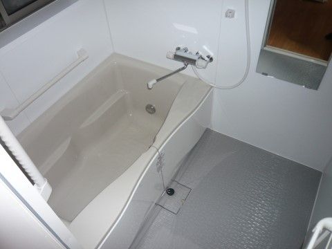 折り戸の扉を開けると、左手には窓があり、すぐ下に手すりと浴槽がある。浴槽は追炊き機能付きで、シャワーもある。シャワー隣には鏡がある。