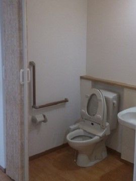 横の壁にＬ字型の手すりが設置されたトイレ。反対側には洗面台もある。入り口はドアではなくアコーディオンカーテンで仕切られている。