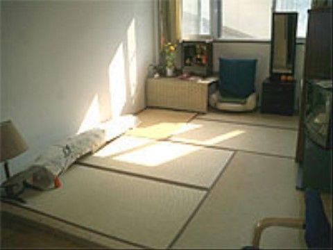 居室の奥に窓があり、カーテンが付いている。床には畳が敷かれていて、ランプや椅子などの家具が置かれている。