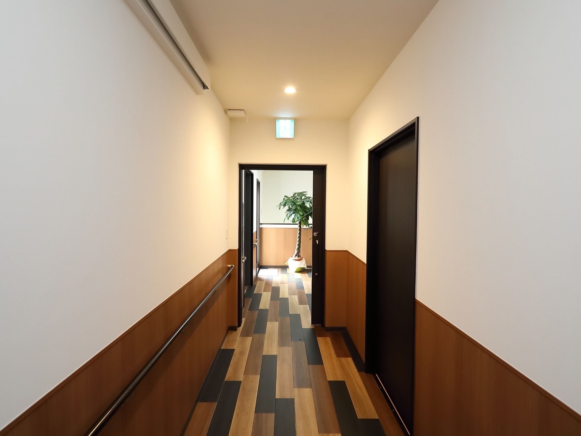 たくさんの素材の板材を使用した床の廊下である。突き当りには観葉植物の鉢が置かれている。壁には手すりが取りつけられている。