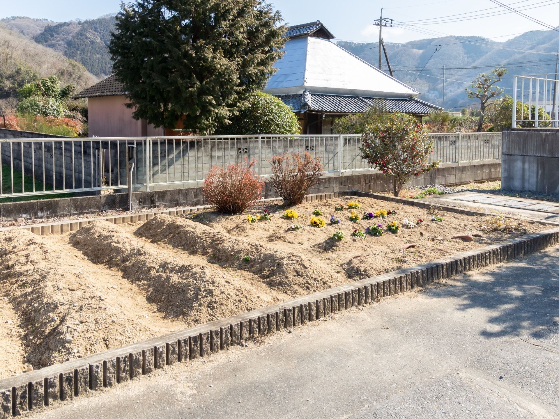 日当たりの良い広々とした花壇で、色とりどりの花が植えられている。施設周辺は、豊かな自然に囲まれている。