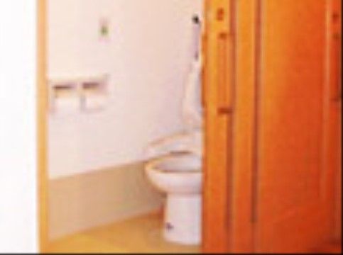 トイレには、立ち上がりや座り姿勢の保持に役立つ手すりが設置されており、呼出ボタンが壁に取り付けられている。