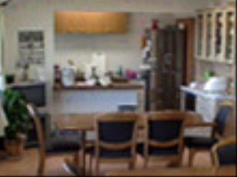 部屋の奥にカウンターキッチンがあり、手前に椅子がセットされたダイニングテーブルが置かれている。ダイニングスペースの角にテレビがある。