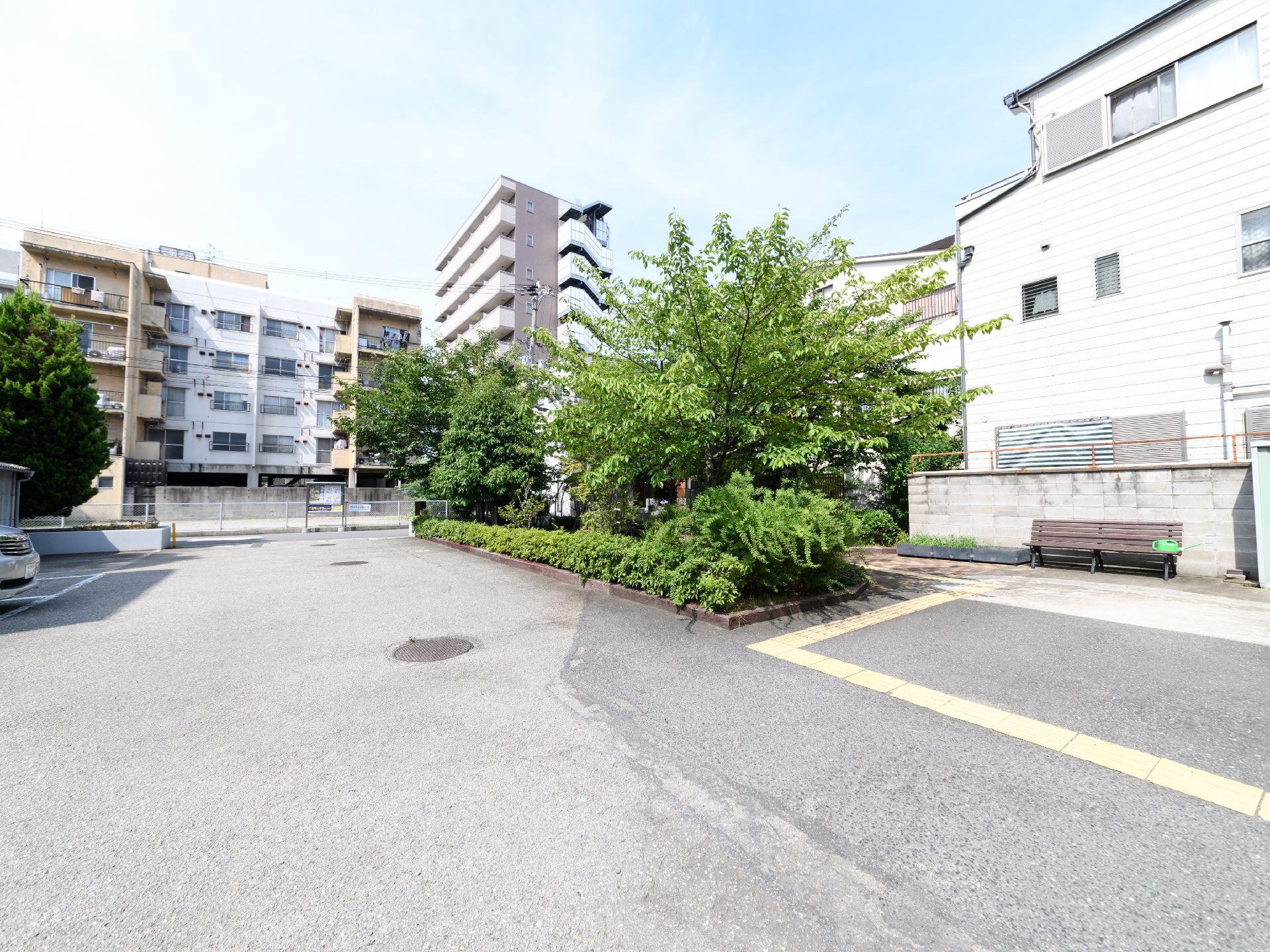 駐車場付近は、アスファルト舗装された広々とした空間になっている。大きな木が植えられていて、茶色のベンチが置かれている。