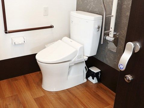 洋式便器が一据ある。便器の両側に手すりが設けられているので、立ち上がり動作もスムーズに行うことができる。