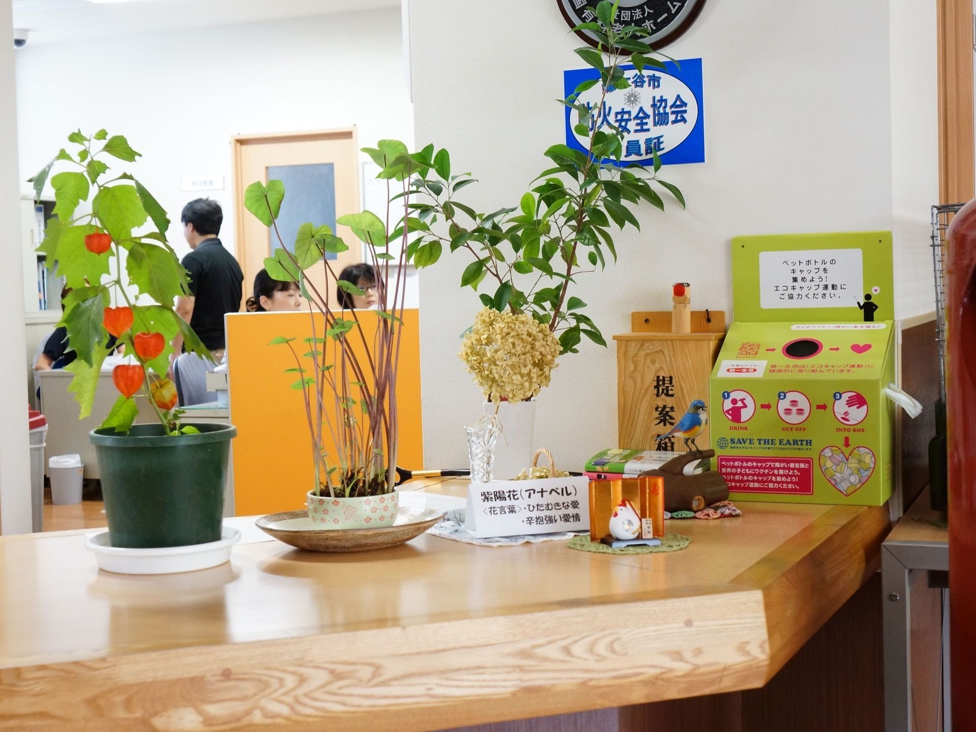 受付には動物の置物、植物が飾られている。花言葉と意味の書かれたプレートも置かれている。提案箱を置いて意見を集めている。