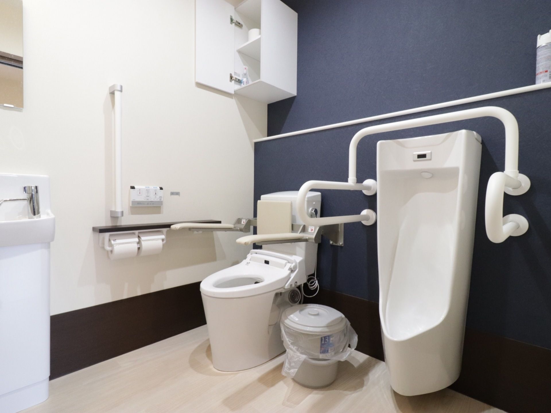 トイレ個室内の様子。左側に洋式便器があり、その隣に男性用便器がある。それぞれの便器の周りには、手すりが設置されている。