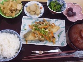 黒いプレートにのせられた主食、主菜、汁物など栄養バランスが考慮された食事メニューである。食欲が出るように色彩豊かに盛り付けられている。
